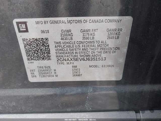 2018 Chevrolet Equinox Lt მანქანა იყიდება აუქციონზე, vin: 2GNAXSEV6J6351513, აუქციონის ნომერი: 46019001