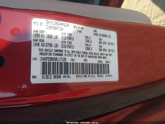 46019002 :رقم المزاد ، 1D4GP25BX5B117129 vin ، 2005 Dodge Caravan Se مزاد بيع