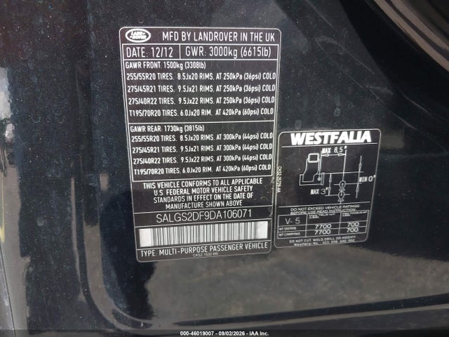 Продаж на аукціоні авто 2013 Land Rover Range Rover Hse, vin: SALGS2DF9DA106071, номер лоту: 46019007