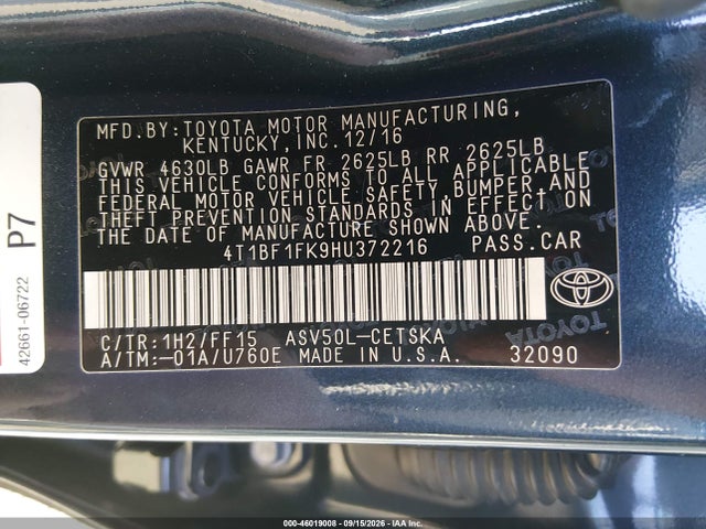 Продажа на аукционе авто 2017 Toyota Camry Se, vin: 4T1BF1FK9HU372216, номер лота: 46019008