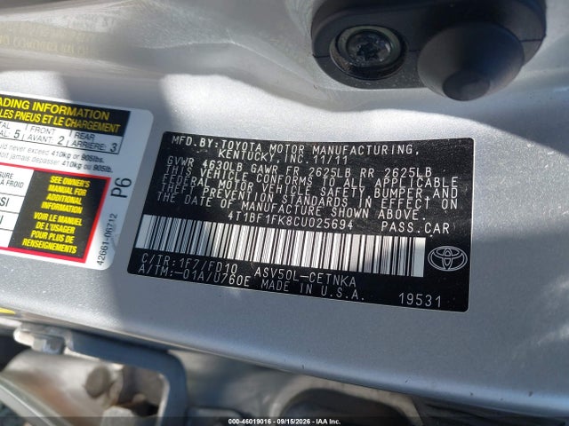 Aukcja sprzedaży 2012 Toyota Camry Le, vin: 4T1BF1FK8CU025694, numer aukcji: 46019016