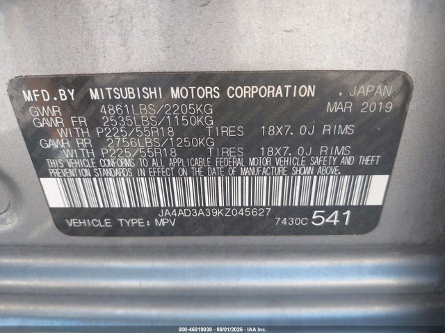 Aukcja sprzedaży 2019 Mitsubishi Outlander Se, vin: JA4AD3A39KZ045627, numer aukcji: 46019038