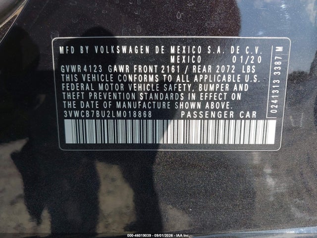 46019039 :رقم المزاد ، 3VWCB7BU2LM018868 vin ، 2020 Volkswagen Jetta 1.4t R-line/1.4t S/1.4t Se مزاد بيع