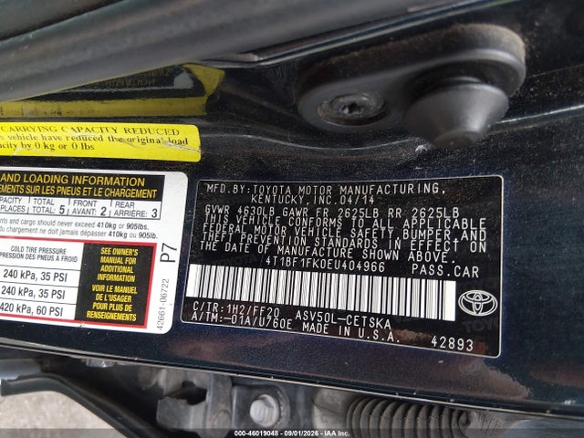 46019048 :رقم المزاد ، 4T1BF1FK0EU404966 vin ، 2014 Toyota Camry Se مزاد بيع