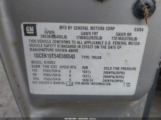 Aukcja sprzedaży 2004 Chevrolet Silverado 1500 Ls, vin: 1GCEK19T54E306543, numer aukcji: 46019061