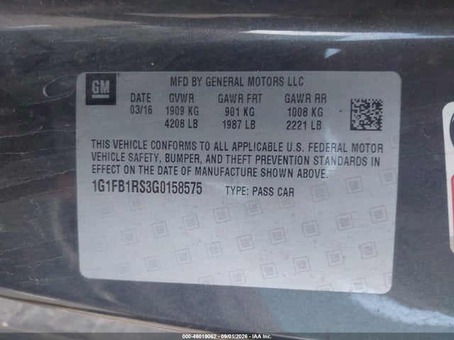 46019062 :رقم المزاد ، 1G1FB1RS3G0158575 vin ، 2016 Chevrolet Camaro 1lt مزاد بيع