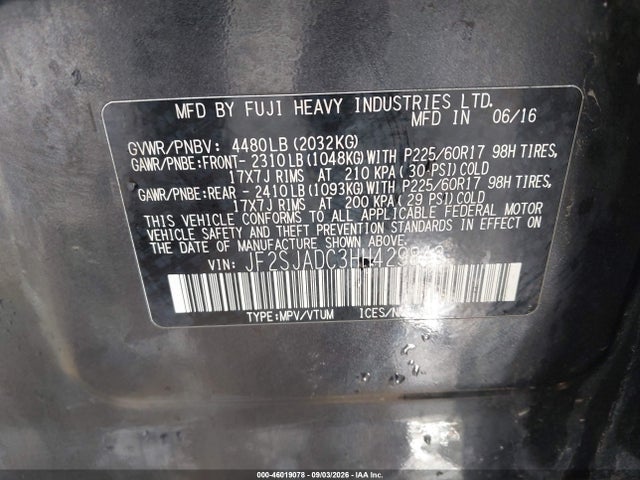 46019078 :رقم المزاد ، JF2SJADC3HH429843 vin ، 2017 Subaru Forester 2.5i Premium مزاد بيع