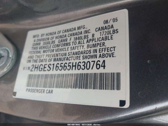 Продажа на аукционе авто 2005 Honda Civic Lx, vin: 2HGES16565H630764, номер лота: 46019082
