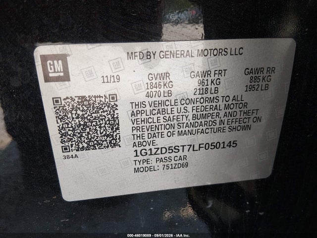 Aukcja sprzedaży 2020 Chevrolet Malibu Fwd Lt, vin: 1G1ZD5ST7LF050145, numer aukcji: 46019089