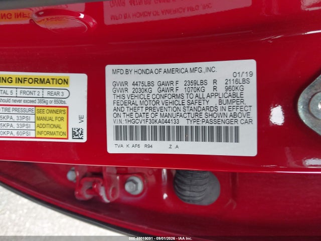 46019091 :رقم المزاد ، 1HGCV1F30KA044133 vin ، 2019 Honda Accord Sport مزاد بيع