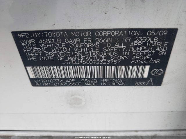 Продажа на аукционе авто 2009 Lexus Es 350, vin: JTHBJ46G092323787, номер лота: 46019095
