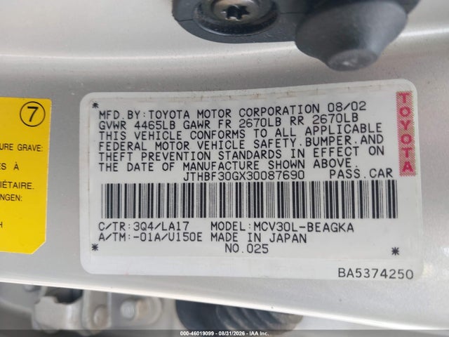 Aukcja sprzedaży 2003 Lexus Es 300, vin: JTHBF30GX30087690, numer aukcji: 46019099