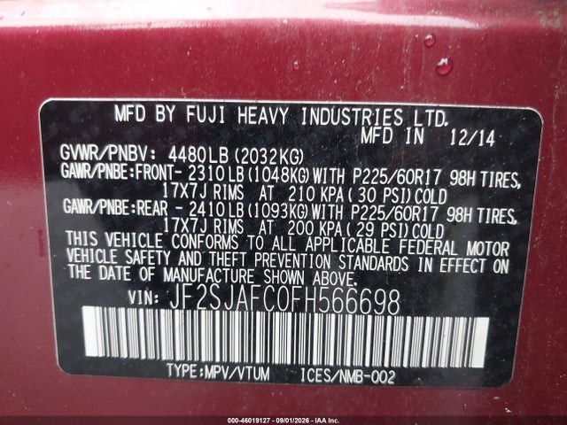 46019127 :رقم المزاد ، JF2SJAFC0FH566698 vin ، 2015 Subaru Forester 2.5i Premium مزاد بيع