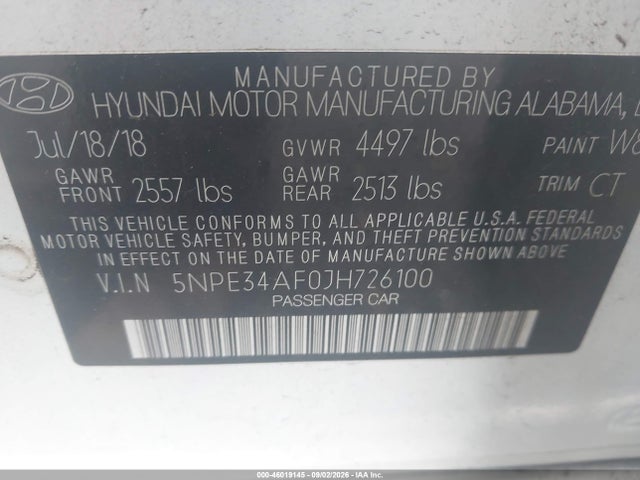 Aukcja sprzedaży 2018 Hyundai Sonata Sport+, vin: 5NPE34AF0JH726100, numer aukcji: 46019145