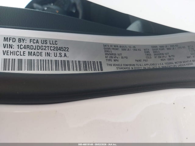 Продажа на аукционе авто 2026 Dodge Durango Gt Awd, vin: 1C4RDJDG2TC204522, номер лота: 46019149