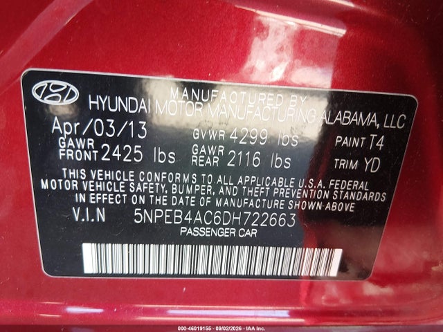 Продаж на аукціоні авто 2013 Hyundai Sonata Gls, vin: 5NPEB4AC6DH722663, номер лоту: 46019155