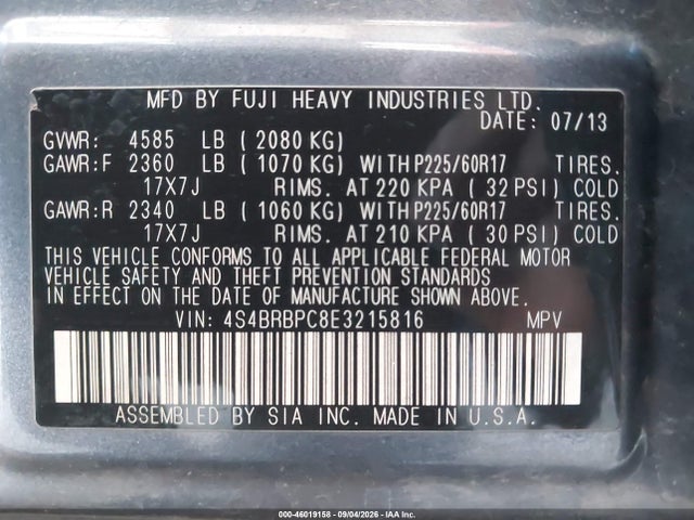 46019158 :رقم المزاد ، 4S4BRBPC8E3215816 vin ، 2014 Subaru Outback 2.5i Limited مزاد بيع