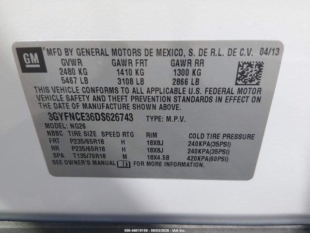 Aukcja sprzedaży 2013 Cadillac Srx Luxury Collection, vin: 3GYFNCE36DS626743, numer aukcji: 46019159