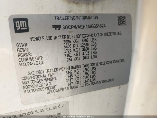 Продажа на аукционе авто 2021 Chevrolet Silverado 1500, vin: 3GCPWAEH1MG354824, номер лота: 46019161