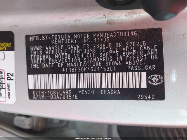 2006 Toyota Camry Xle V6 მანქანა იყიდება აუქციონზე, vin: 4T1BF30K46U115904, აუქციონის ნომერი: 46019184