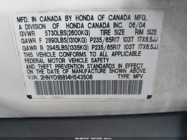 Продажа на аукционе авто 2004 Acura Mdx, vin: 2HNYD18814H543506, номер лота: 46019197