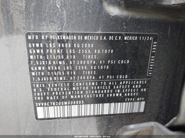 Aukcja sprzedaży 2025 Volkswagen Taos 1.5t S, vin: 3VV8C7B20SM008893, numer aukcji: 46019200