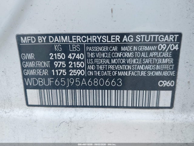 Продажа на аукционе авто 2005 Mercedes-benz E 320, vin: WDBUF65J95A680663, номер лота: 46019209
