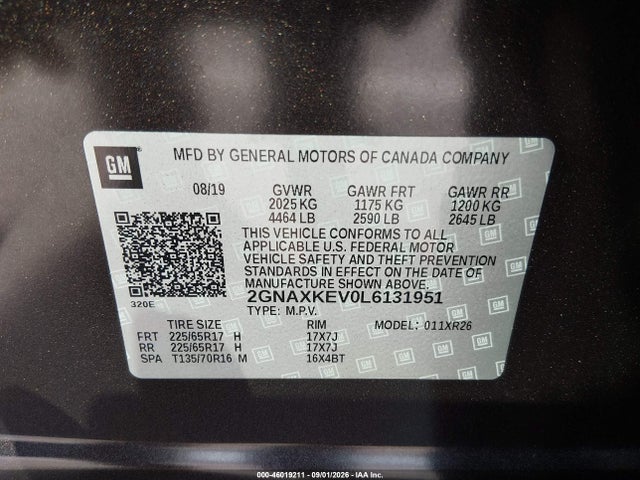 46019211 :رقم المزاد ، 2GNAXKEV0L6131951 vin ، 2020 Chevrolet Equinox Fwd Lt 1.5l Turbo مزاد بيع