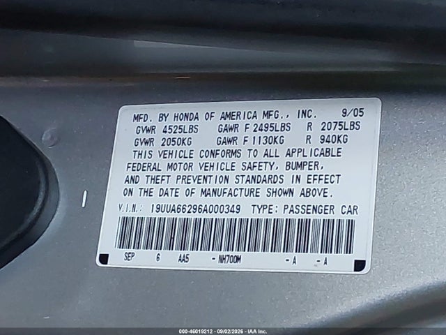 Auction sale of the 2006 Acura Tl, vin: 19UUA66296A000349, lot number: 46019212