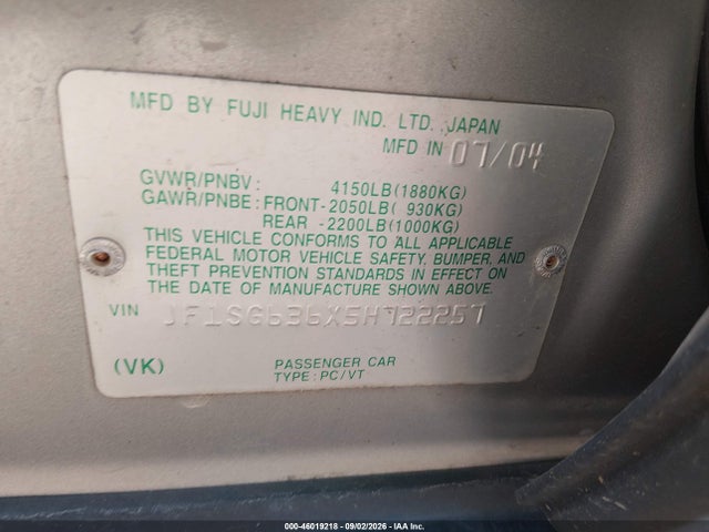 Aukcja sprzedaży 2005 Subaru Forester 2.5x, vin: JF1SG636X5H722257, numer aukcji: 46019218