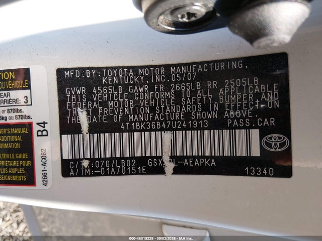 Продажа на аукционе авто 2007 Toyota Avalon Limited, vin: 4T1BK36B47U241913, номер лота: 46019228