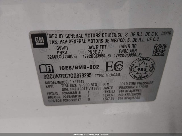 46019247 :رقم المزاد ، 3GCUKREC7GG379295 vin ، 2016 Chevrolet Silverado 1500 Lt مزاد بيع