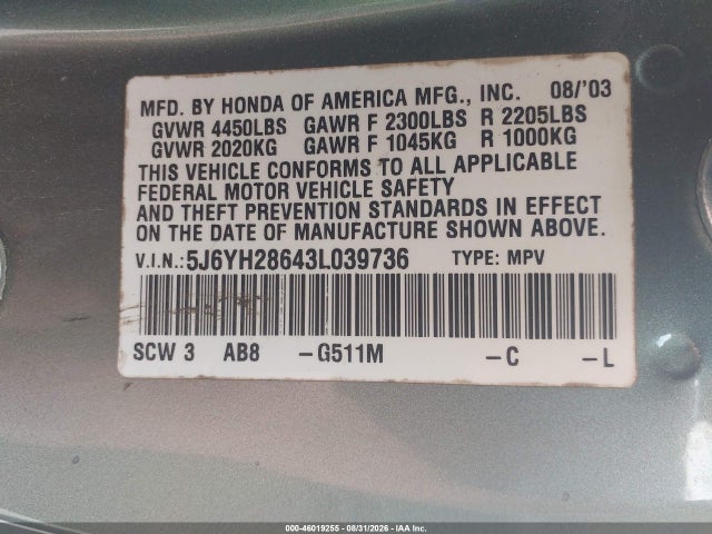 Продаж на аукціоні авто 2003 Honda Element Ex, vin: 5J6YH28643L039736, номер лоту: 46019255