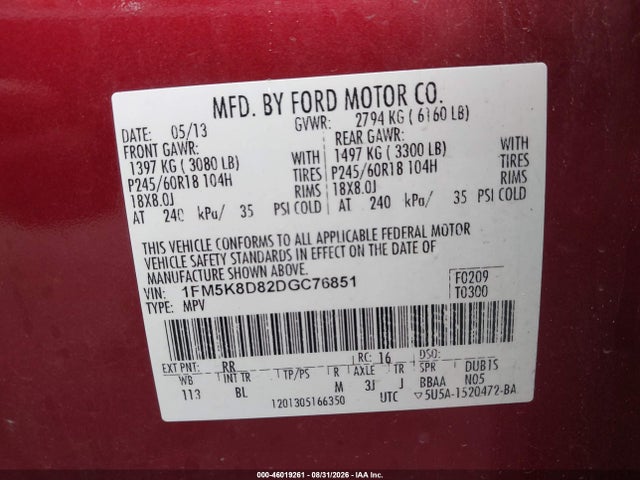 Продажа на аукционе авто 2013 Ford Explorer Xlt, vin: 1FM5K8D82DGC76851, номер лота: 46019261