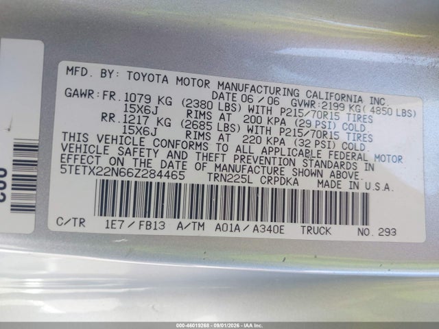 46019268 :رقم المزاد ، 5TETX22N66Z284465 vin ، 2006 Toyota Tacoma مزاد بيع