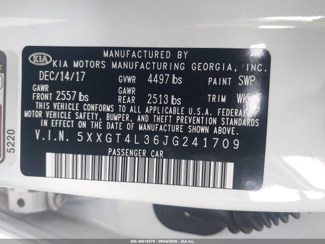 Продаж на аукціоні авто 2018 Kia Optima S, vin: 5XXGT4L36JG241709, номер лоту: 46019279
