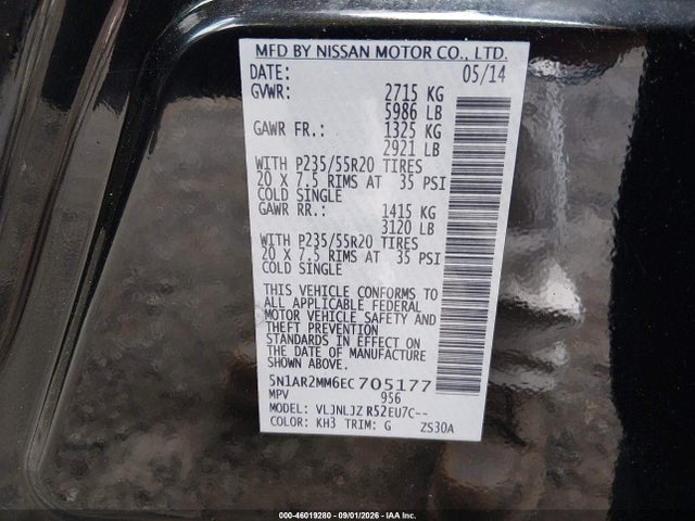 Aukcja sprzedaży 2014 Nissan Pathfinder Platinum, vin: 5N1AR2MM6EC705177, numer aukcji: 46019280