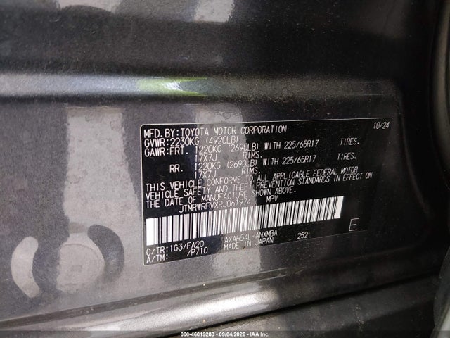 46019283 :رقم المزاد ، JTMRWRFVXRJ061974 vin ، 2024 Toyota Rav4 Hybrid Xle مزاد بيع