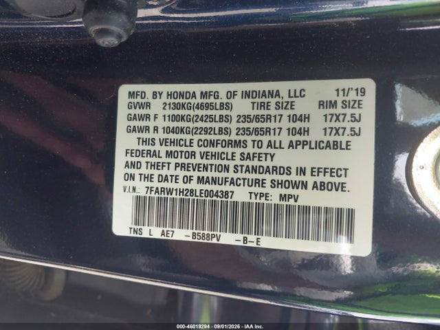 2020 Honda Cr-v 2wd Lx მანქანა იყიდება აუქციონზე, vin: 7FARW1H28LE004387, აუქციონის ნომერი: 46019294