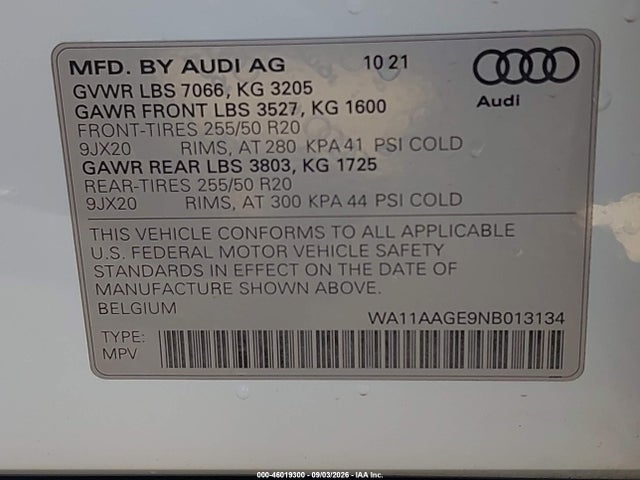2022 Audi E-tron Sportback Premium S Line Quattro მანქანა იყიდება აუქციონზე, vin: WA11AAGE9NB013134, აუქციონის ნომერი: 46019300