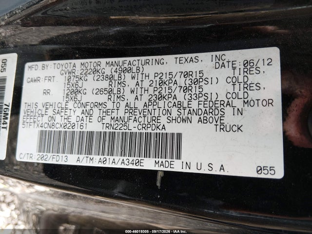 46019305 :رقم المزاد ، 5TFTX4CN8CX020161 vin ، 2012 Toyota Tacoma مزاد بيع