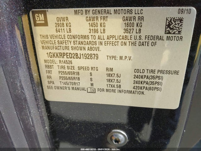Auction sale of the 2011 Gmc Acadia Sle, vin: 1GKKRPED2BJ192879, lot number: 46019318