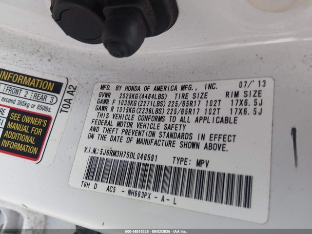 46019325 :رقم المزاد ، 5J6RM3H75DL048591 vin ، 2013 Honda Cr-v Ex-l مزاد بيع