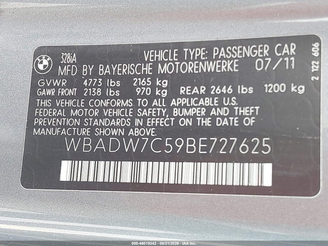 46019342 :رقم المزاد ، WBADW7C59BE727625 vin ، 2011 Bmw 328i مزاد بيع