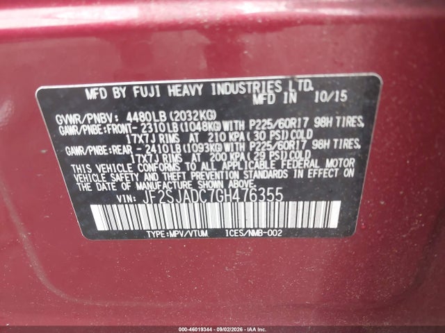 46019344 :رقم المزاد ، JF2SJADC7GH476355 vin ، 2016 Subaru Forester 2.5i Premium مزاد بيع