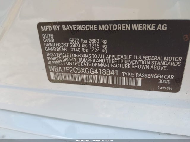 46019347 :رقم المزاد ، WBA7F2C5XGG418841 vin ، 2016 Bmw 750i Xdrive مزاد بيع