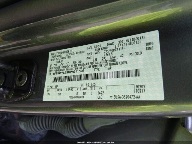 Aukcja sprzedaży 2024 Ford F-150 Lightning Platinum, vin: 1FT6W7L79RWG11505, numer aukcji: 46019354