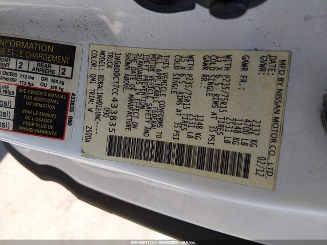 46019353 :رقم المزاد ، 1N6BD0CT7CC433835 vin ، 2012 Nissan Frontier S مزاد بيع