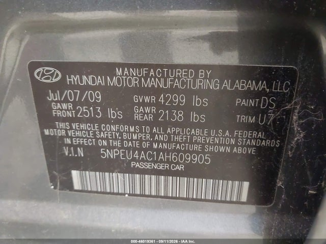 2010 Hyundai Sonata Se მანქანა იყიდება აუქციონზე, vin: 5NPEU4AC1AH609905, აუქციონის ნომერი: 46019361
