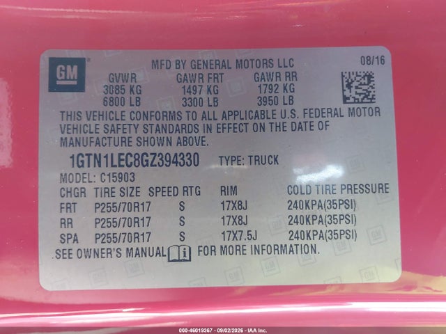 46019367 :رقم المزاد ، 1GTN1LEC8GZ394330 vin ، 2016 Gmc Sierra 1500 مزاد بيع
